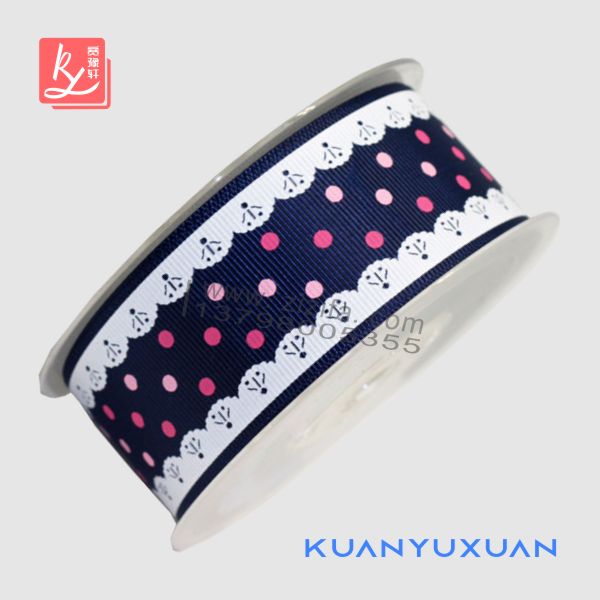 38mm blue grosgrain ribbon printed with lace dots